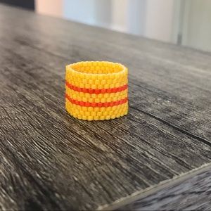 Yellow Red Stripe Beaded Peyote Eternity Band Ring